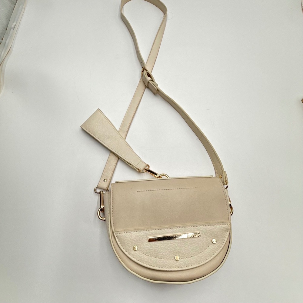 Kensie Cream Vegan Leather Crossbody Saddle Bag Gold Tone Hardware Studded Ivory